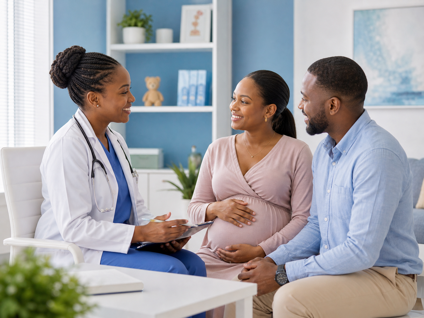 Clinician supporting mother and child in a bright medical setting